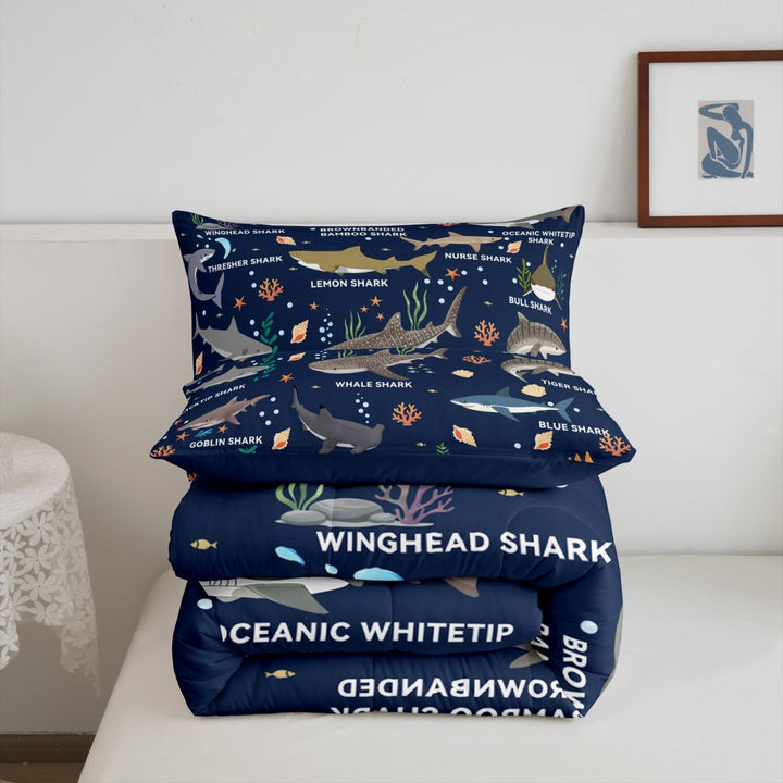 meiyoeat Watercolor Ocean Coral Full Size Comforter Sets For Boys,Cute Sea Animal Shark Bedding Comforter Set For Kids,Navy Blue Reversible,3pcs