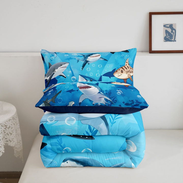 meiyoeat Cute Cartoon Shark Full Size Comforter Sets For Boys,Watercolor Ocean Theme Bedding Comforter Set For Kids,Navy Blue Reversible,3-Piece