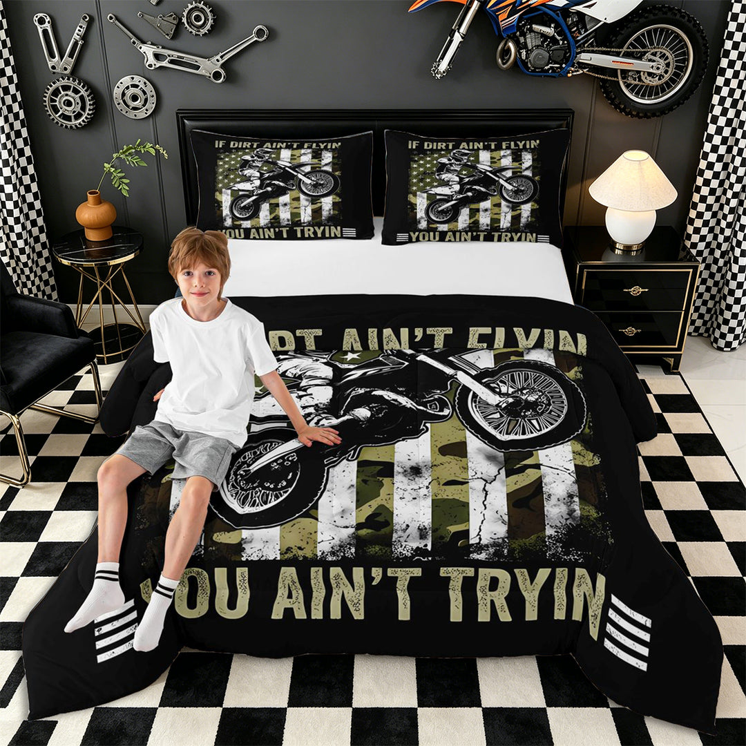 Meiyoeat Vintage Dirt Bike Pattern Full Size Comforter Sets 3-Piece for Men, American Flag Print Bedding Comforter Set, Camo Black Beige,Black Reversible