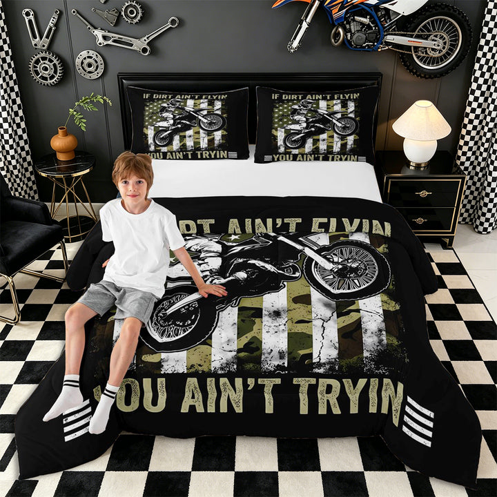 Meiyoeat Vintage Dirt Bike Pattern Full Size Comforter Sets 3-Piece for Men, American Flag Print Bedding Comforter Set, Camo Black Beige,Black Reversible