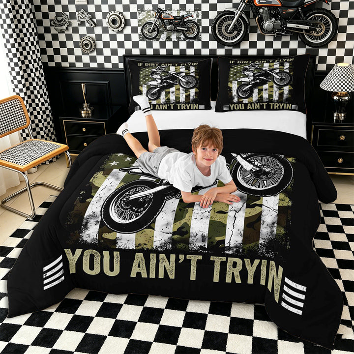 Meiyoeat Vintage Dirt Bike Pattern Full Size Comforter Sets 3-Piece for Men, American Flag Print Bedding Comforter Set, Camo Black Beige,Black Reversible