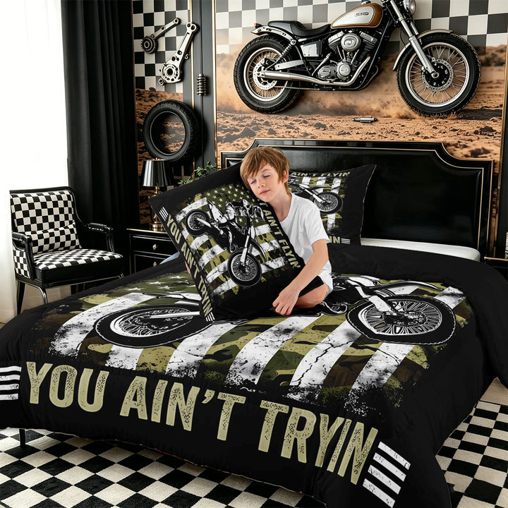 Meiyoeat Vintage Dirt Bike Pattern Full Size Comforter Sets 3-Piece for Men, American Flag Print Bedding Comforter Set, Camo Black Beige,Black Reversible