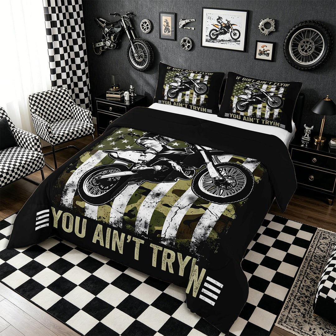 Meiyoeat Vintage Dirt Bike Pattern Full Size Comforter Sets 3-Piece for Men, American Flag Print Bedding Comforter Set, Camo Black Beige,Black Reversible
