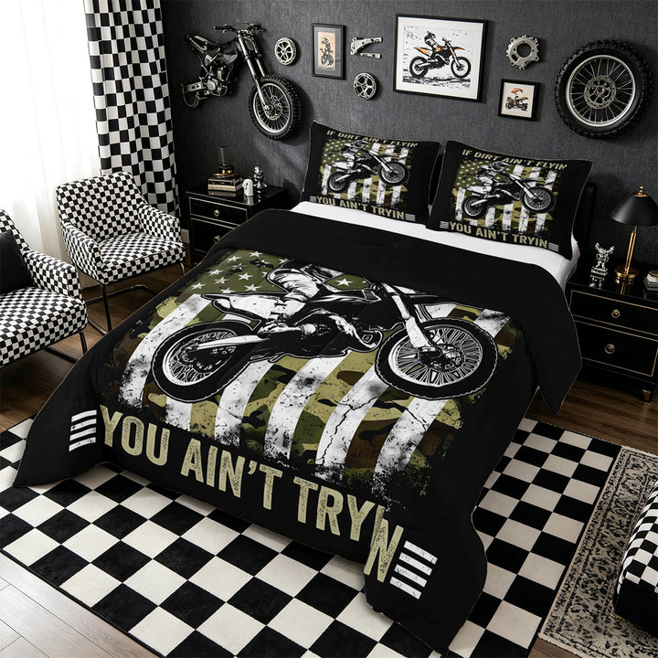 Meiyoeat Vintage Dirt Bike Pattern Full Size Comforter Sets 3-Piece for Men, American Flag Print Bedding Comforter Set, Camo Black Beige,Black Reversible