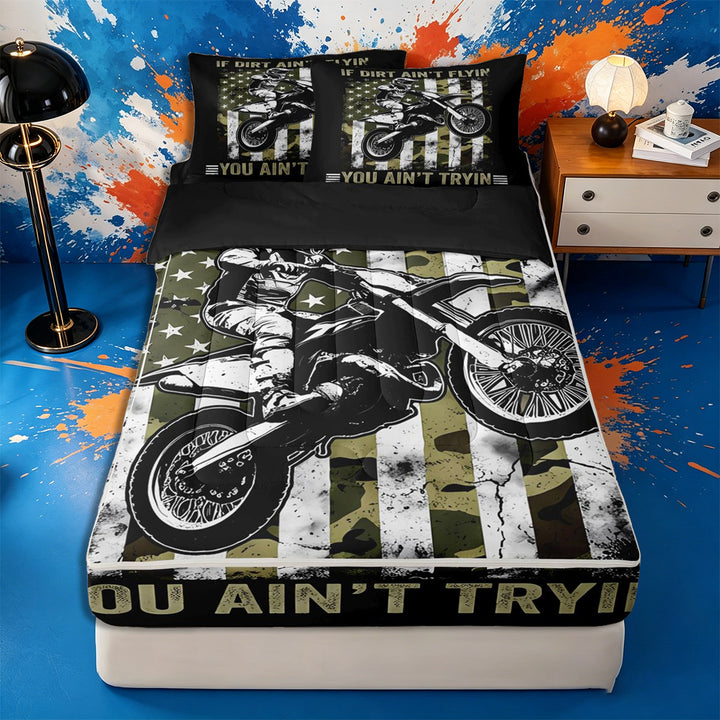 Meiyoeat Vintage Dirt Bike Pattern Zipper Full Size Comforter Sets with Fitted Sheet and 2 Pillowcases for Men, American Flag Print Zipper Bedding Set, Camo Black Beige,4pcs,Black Reversible