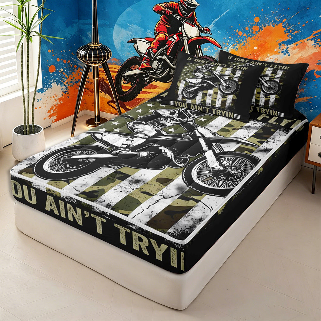 Meiyoeat Vintage Dirt Bike Pattern Zipper Full Size Comforter Sets with Fitted Sheet and 2 Pillowcases for Men, American Flag Print Zipper Bedding Set, Camo Black Beige,4pcs,Black Reversible
