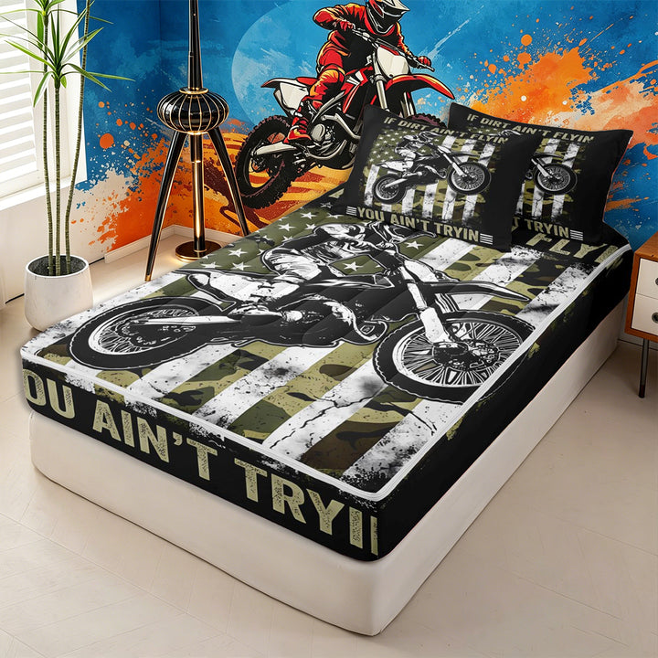 Meiyoeat Vintage Dirt Bike Pattern Zipper Full Size Comforter Sets with Fitted Sheet and 2 Pillowcases for Men, American Flag Print Zipper Bedding Set, Camo Black Beige,4pcs,Black Reversible