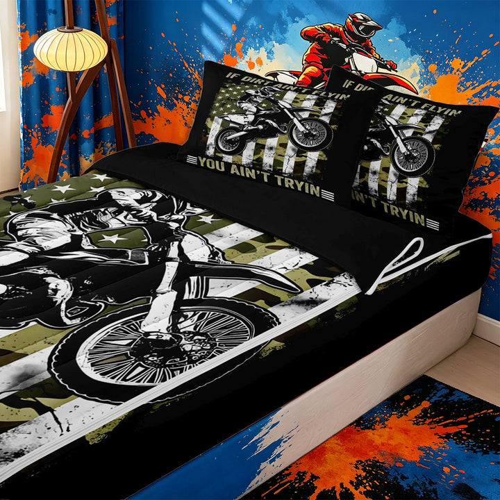 Meiyoeat Vintage Dirt Bike Pattern Zipper Full Size Comforter Sets with Fitted Sheet and 2 Pillowcases for Men, American Flag Print Zipper Bedding Set, Camo Black Beige,4pcs,Black Reversible