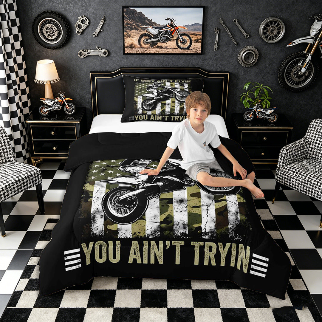 Meiyoeat Vintage Dirt Bike Pattern Full Size Comforter Sets 3-Piece for Men, American Flag Print Bedding Comforter Set, Camo Black Beige,Black Reversible