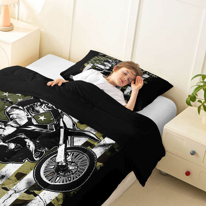 Meiyoeat Vintage Dirt Bike Pattern Full Size Comforter Sets 3-Piece for Men, American Flag Print Bedding Comforter Set, Camo Black Beige,Black Reversible