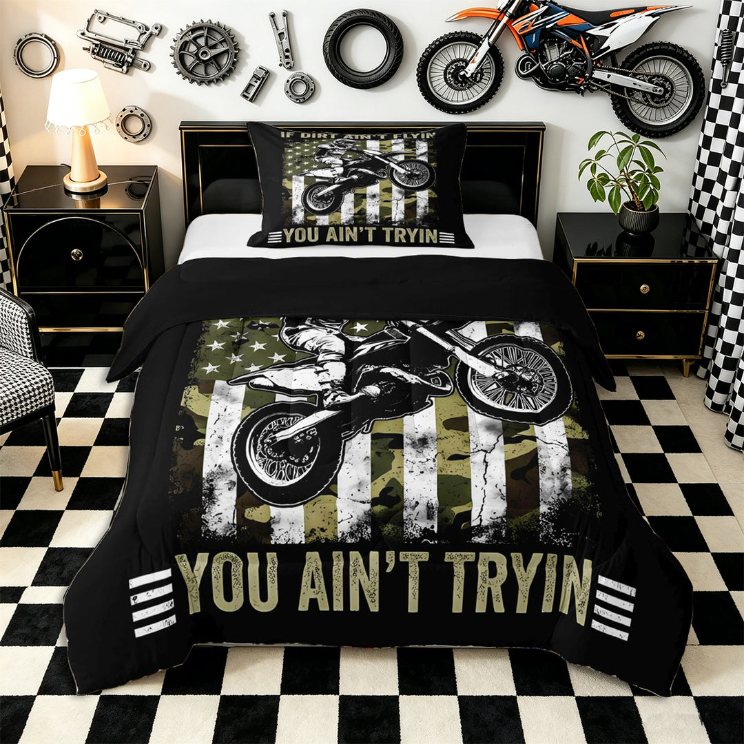 Meiyoeat Vintage Dirt Bike Pattern Full Size Comforter Sets 3-Piece for Men, American Flag Print Bedding Comforter Set, Camo Black Beige,Black Reversible