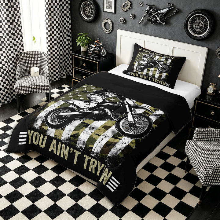 Meiyoeat Vintage Dirt Bike Pattern Full Size Comforter Sets 3-Piece for Men, American Flag Print Bedding Comforter Set, Camo Black Beige,Black Reversible