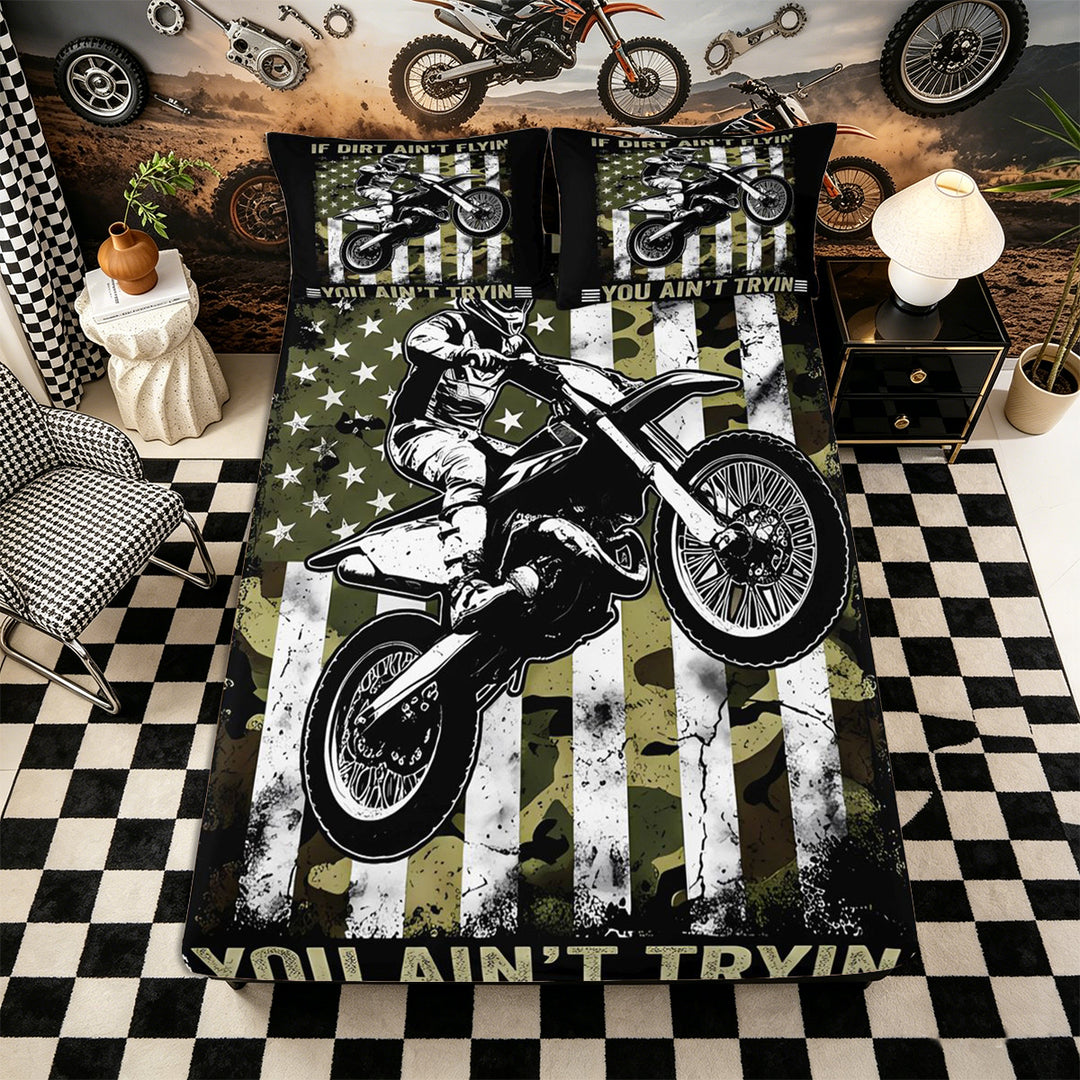 Meiyoeat Vintage Dirt Bike Pattern Bed Sheets 4-Piece for Men, American Flag Print Full Size Sheets, Camo Black Beige