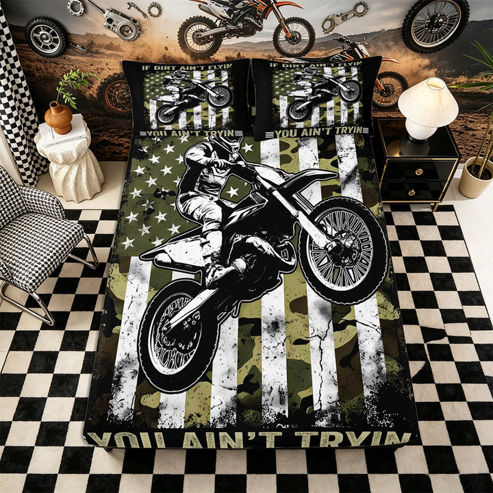 Meiyoeat Vintage Dirt Bike Pattern Bed Sheets 4-Piece for Men, American Flag Print Full Size Sheets, Camo Black Beige