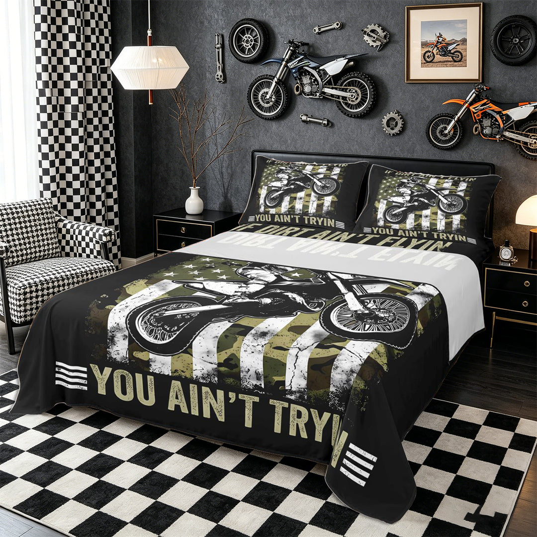 Meiyoeat Vintage Dirt Bike Pattern Bed Sheets 4-Piece for Men, American Flag Print Full Size Sheets, Camo Black Beige