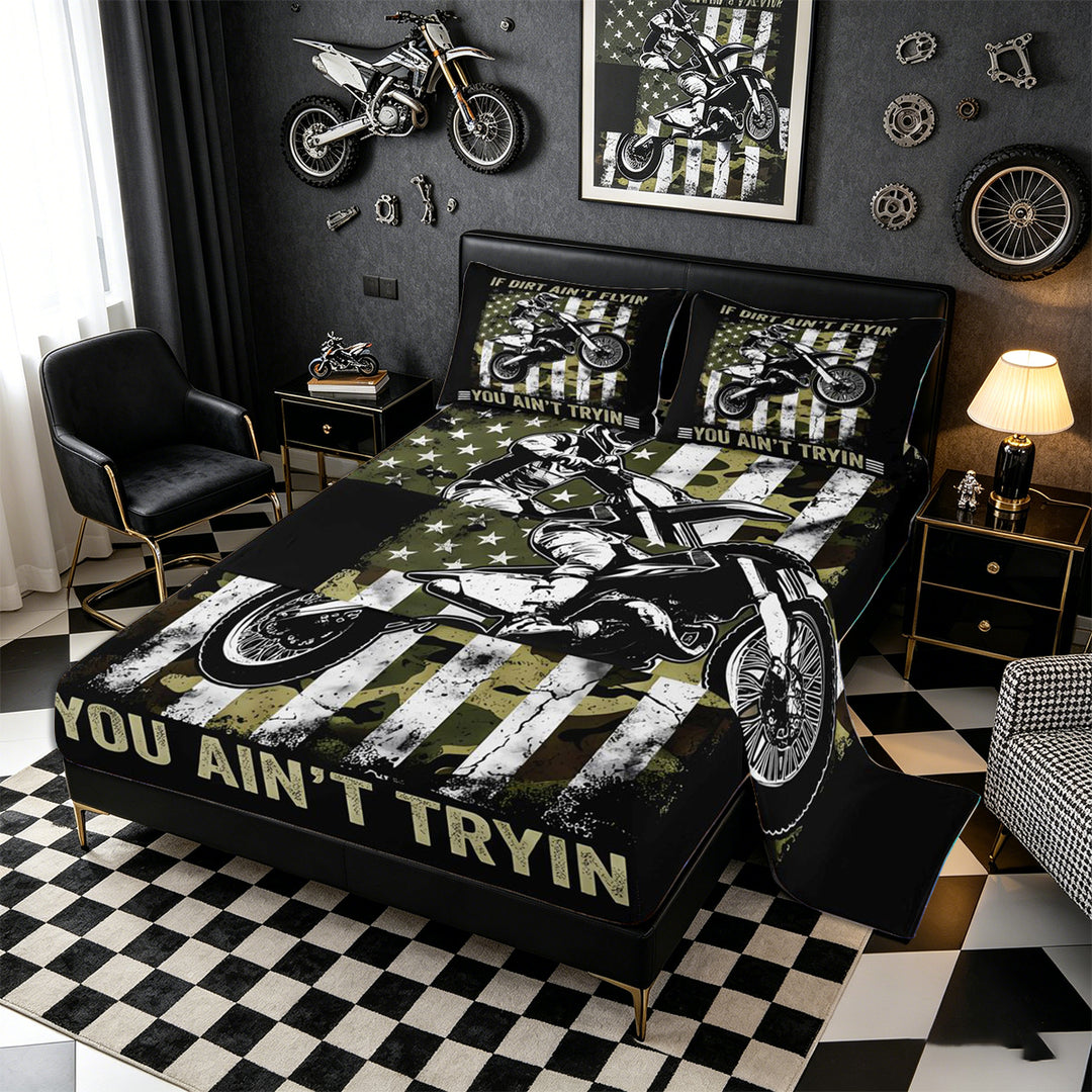 Meiyoeat Vintage Dirt Bike Pattern Bed Sheets 4-Piece for Men, American Flag Print Full Size Sheets, Camo Black Beige