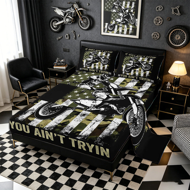 Meiyoeat Vintage Dirt Bike Pattern Bed Sheets 4-Piece for Men, American Flag Print Full Size Sheets, Camo Black Beige