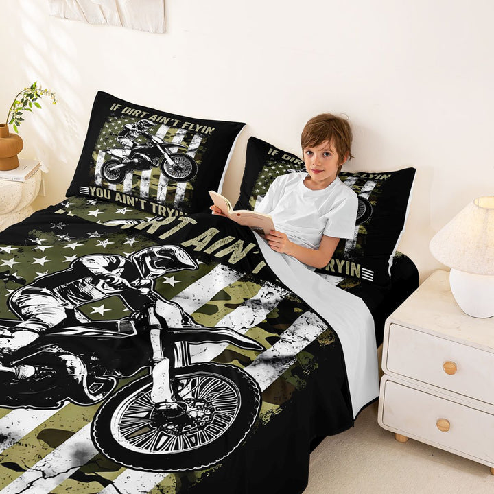 Meiyoeat Vintage Dirt Bike Pattern Bed Sheets 4-Piece for Men, American Flag Print Full Size Sheets, Camo Black Beige