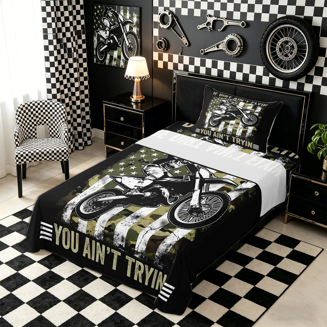 Meiyoeat Vintage Dirt Bike Pattern Bed Sheets 4-Piece for Men, American Flag Print Full Size Sheets, Camo Black Beige