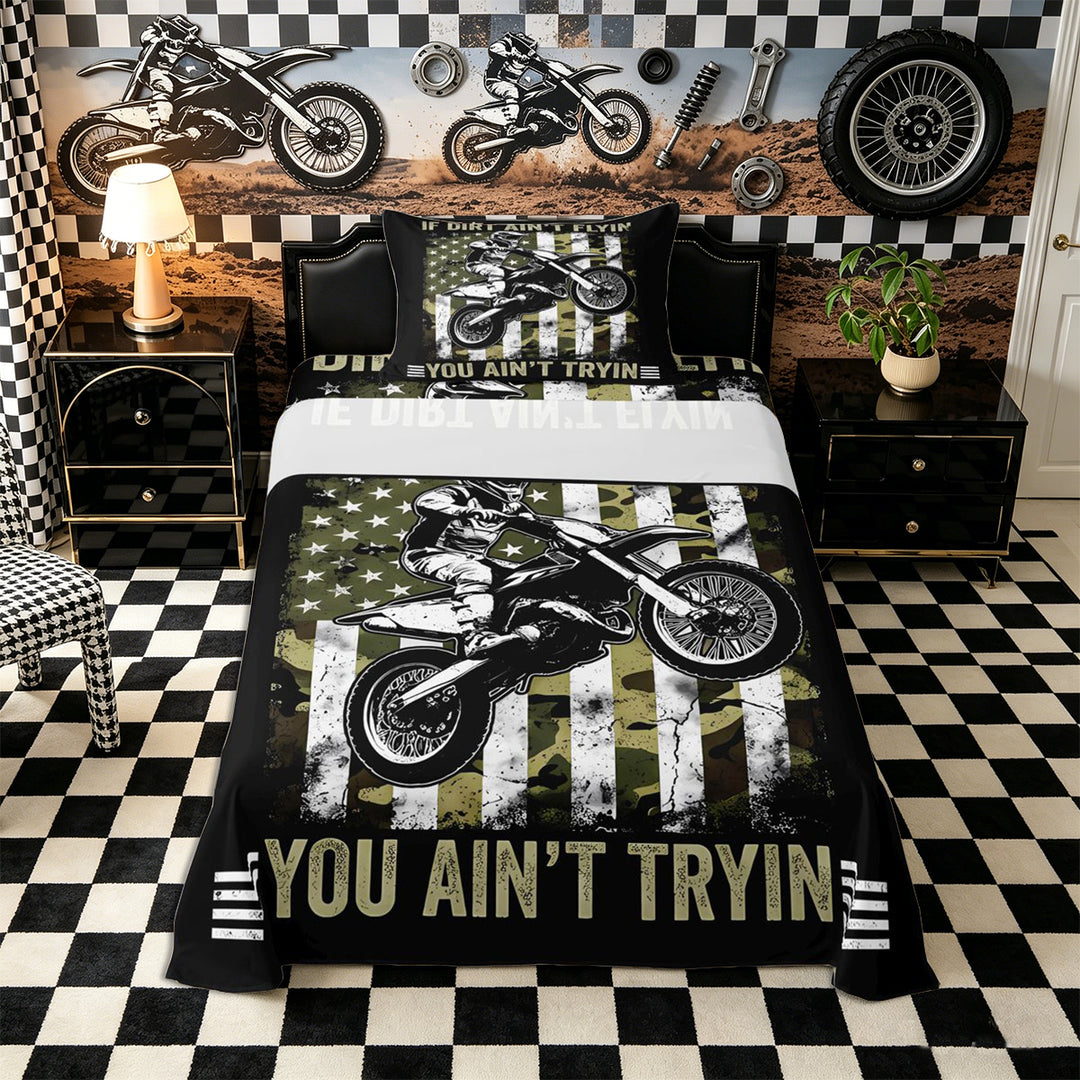 Meiyoeat Vintage Dirt Bike Pattern Bed Sheets 4-Piece for Men, American Flag Print Full Size Sheets, Camo Black Beige