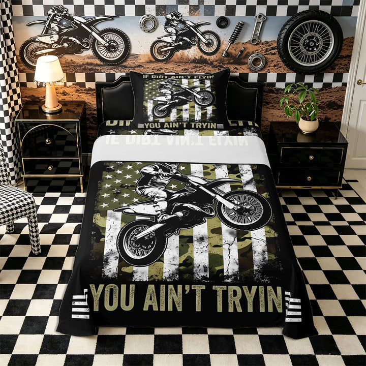 Meiyoeat Vintage Dirt Bike Pattern Bed Sheets 4-Piece for Men, American Flag Print Full Size Sheets, Camo Black Beige