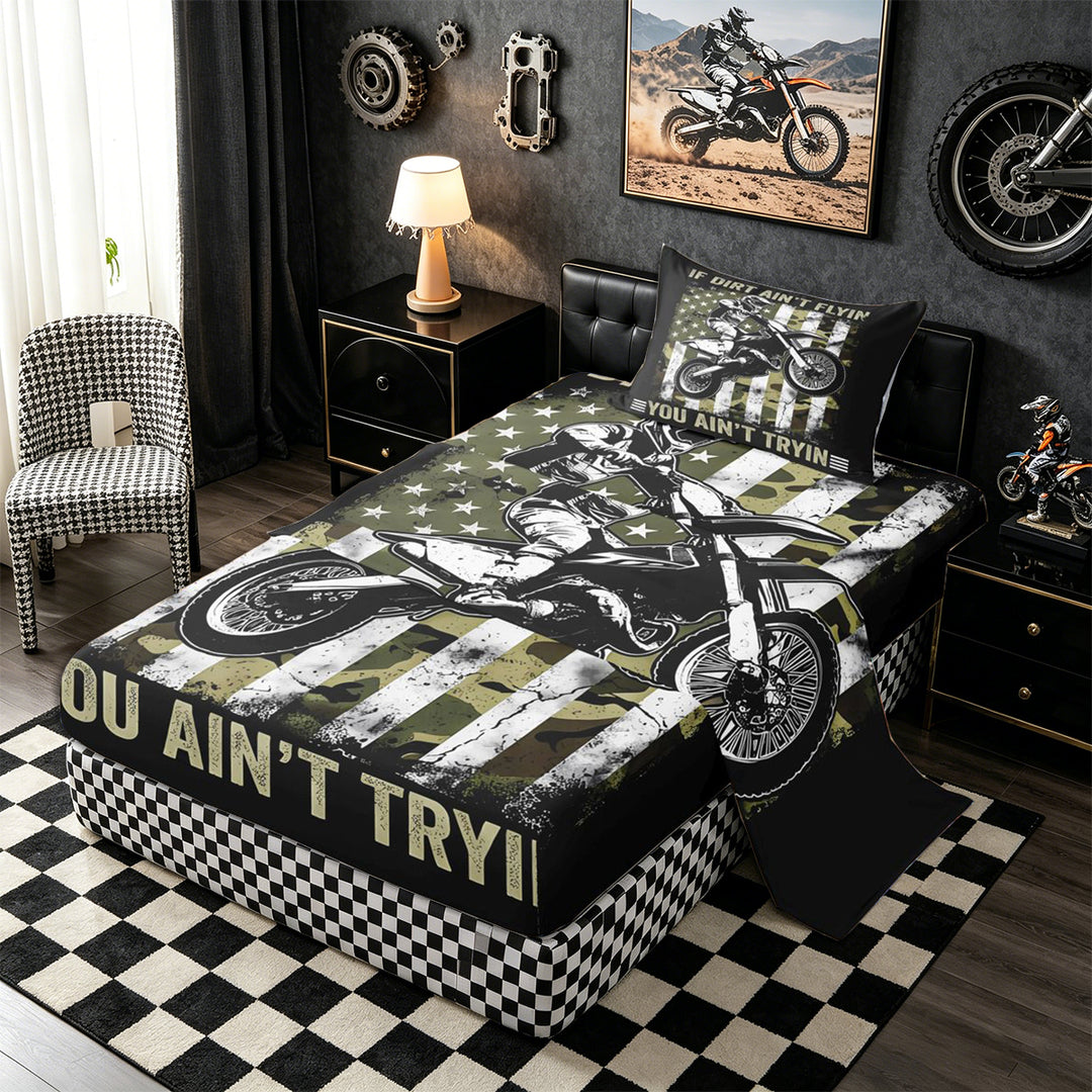 Meiyoeat Vintage Dirt Bike Pattern Bed Sheets 4-Piece for Men, American Flag Print Full Size Sheets, Camo Black Beige