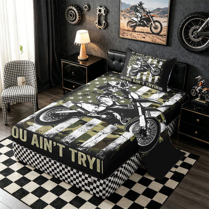 Meiyoeat Vintage Dirt Bike Pattern Bed Sheets 4-Piece for Men, American Flag Print Full Size Sheets, Camo Black Beige