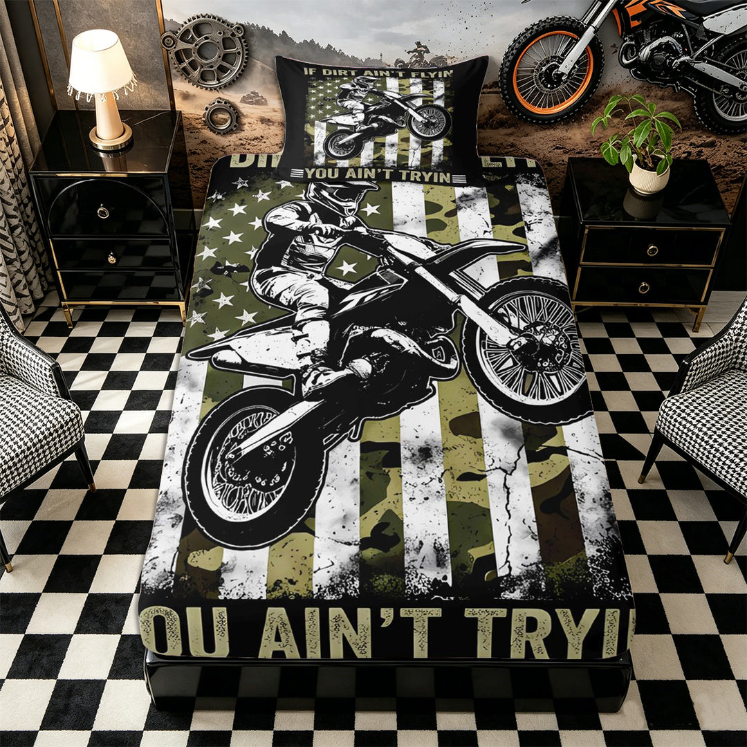 Meiyoeat Vintage Dirt Bike Pattern Bed Sheets 4-Piece for Men, American Flag Print Full Size Sheets, Camo Black Beige