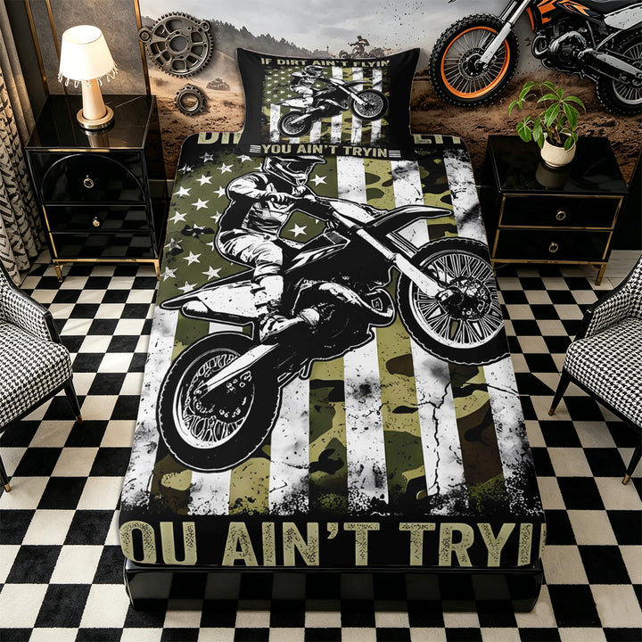 Meiyoeat Vintage Dirt Bike Pattern Bed Sheets 4-Piece for Men, American Flag Print Full Size Sheets, Camo Black Beige