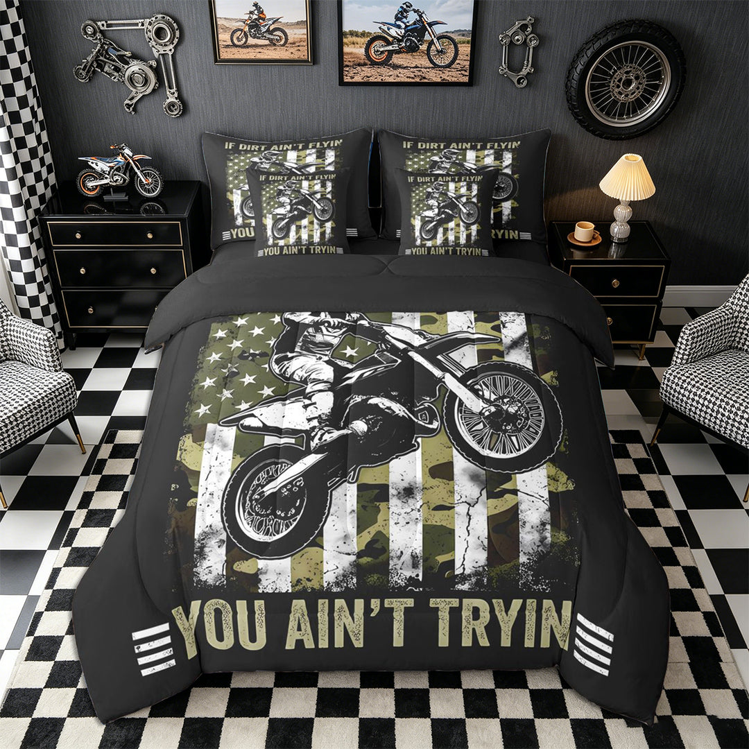 Meiyoeat Vintage Dirt Bike Pattern Full Size Bedding Sets 7 Pieces for Men, American Flag Print Full Size Bed in a Bag, Camo Black Beige,Black Reversible
