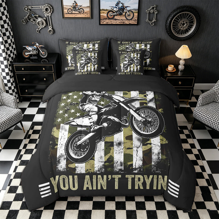 Meiyoeat Vintage Dirt Bike Pattern Full Size Bedding Sets 7 Pieces for Men, American Flag Print Full Size Bed in a Bag, Camo Black Beige,Black Reversible