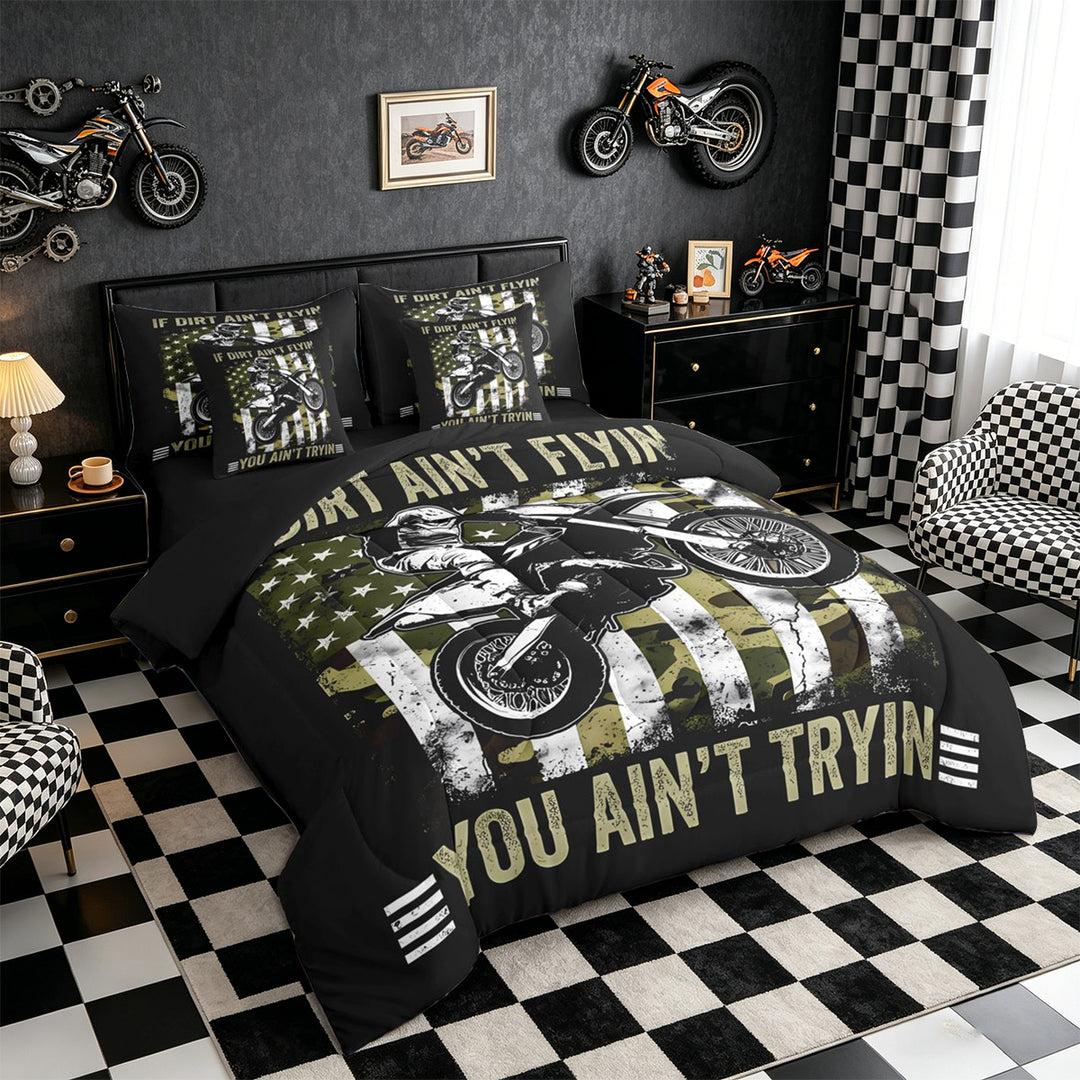 Meiyoeat Vintage Dirt Bike Pattern Full Size Bedding Sets 7 Pieces for Men, American Flag Print Full Size Bed in a Bag, Camo Black Beige,Black Reversible