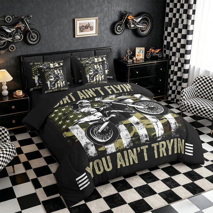 Meiyoeat Vintage Dirt Bike Pattern Full Size Bedding Sets 7 Pieces for Men, American Flag Print Full Size Bed in a Bag, Camo Black Beige,Black Reversible