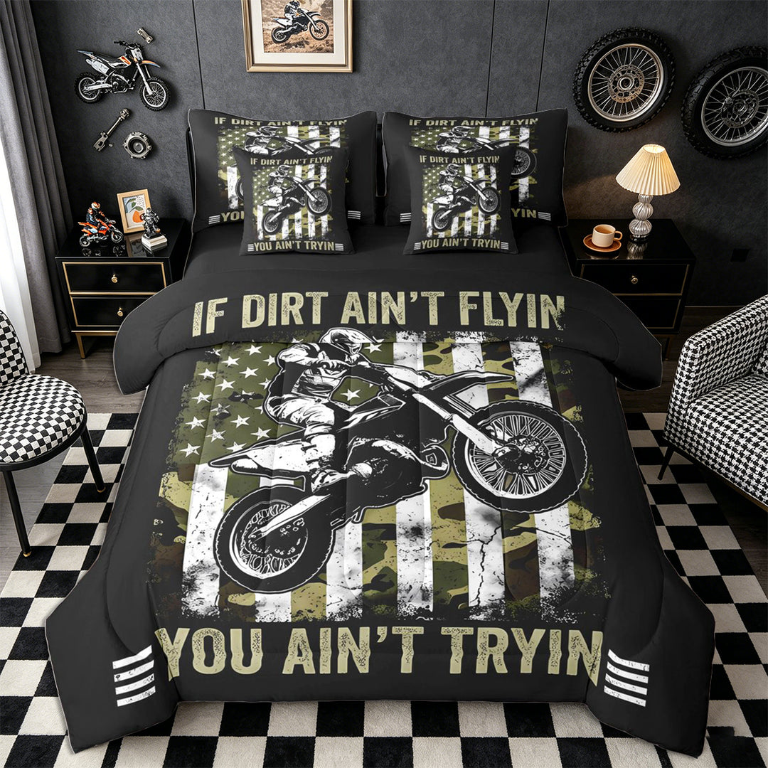 Meiyoeat Vintage Dirt Bike Pattern Full Size Bedding Sets 7 Pieces for Men, American Flag Print Full Size Bed in a Bag, Camo Black Beige,Black Reversible