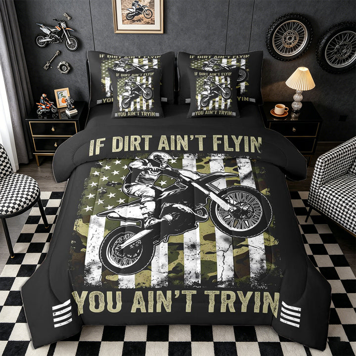 Meiyoeat Vintage Dirt Bike Pattern Full Size Bedding Sets 7 Pieces for Men, American Flag Print Full Size Bed in a Bag, Camo Black Beige,Black Reversible