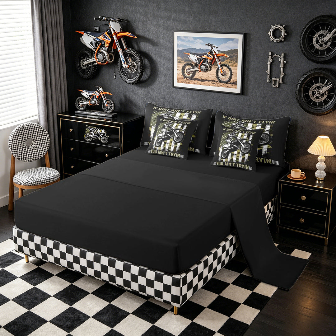 Meiyoeat Vintage Dirt Bike Pattern Full Size Bedding Sets 7 Pieces for Men, American Flag Print Full Size Bed in a Bag, Camo Black Beige,Black Reversible