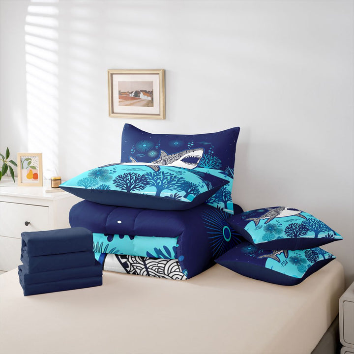 meiyoeat Vintage Bohemian Shark 7 Pieces Full Size Bedding Sets For Boys,Kids Cartoon Sea Creature Full Size Bed in a Bag,Navy Blue Reversible