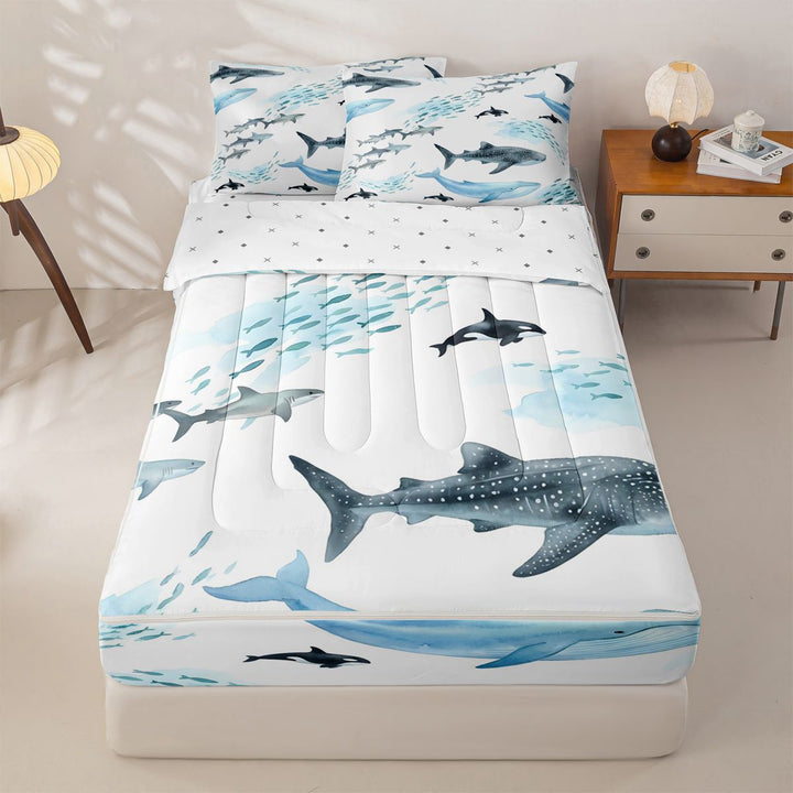 meiyoeat Sea Creature Whale Zipper Full Size Comforter Sets with Fitted Sheet and 2 Pillowcases For Kids,Cartoon Ocean Animals Zipper Bedding Set For Boys,Reversible,4 Pieces