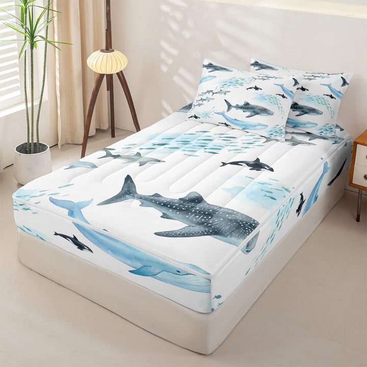 meiyoeat Sea Creature Whale Zipper Full Size Comforter Sets with Fitted Sheet and 2 Pillowcases For Kids,Cartoon Ocean Animals Zipper Bedding Set For Boys,Reversible,4 Pieces