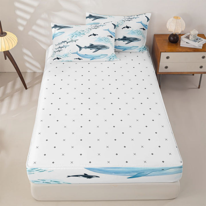 meiyoeat Sea Creature Whale Zipper Full Size Comforter Sets with Fitted Sheet and 2 Pillowcases For Kids,Cartoon Ocean Animals Zipper Bedding Set For Boys,Reversible,4 Pieces