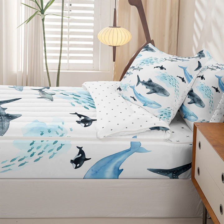 meiyoeat Sea Creature Whale Zipper Full Size Comforter Sets with Fitted Sheet and 2 Pillowcases For Kids,Cartoon Ocean Animals Zipper Bedding Set For Boys,Reversible,4 Pieces
