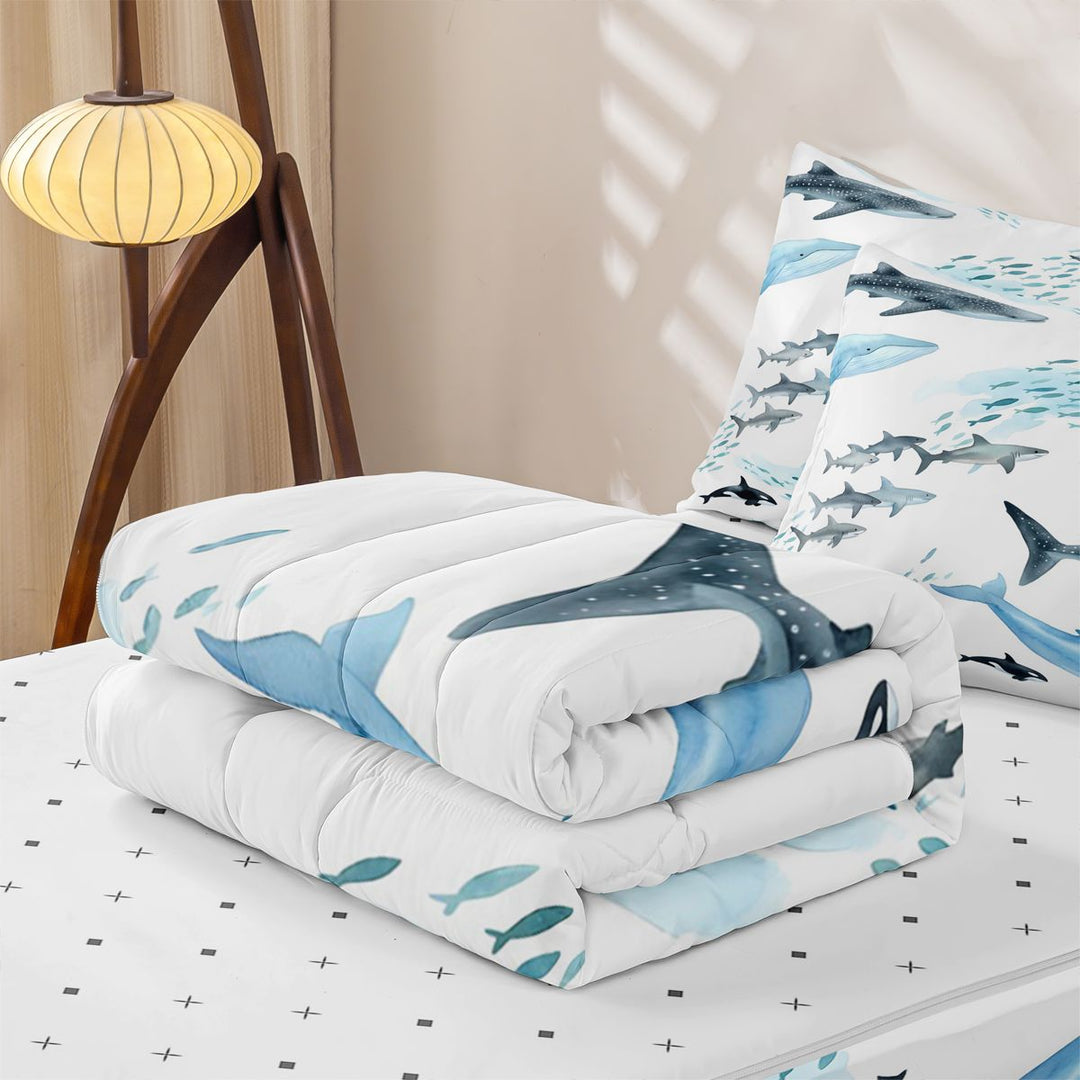 meiyoeat Sea Creature Whale Zipper Full Size Comforter Sets with Fitted Sheet and 2 Pillowcases For Kids,Cartoon Ocean Animals Zipper Bedding Set For Boys,Reversible,4 Pieces