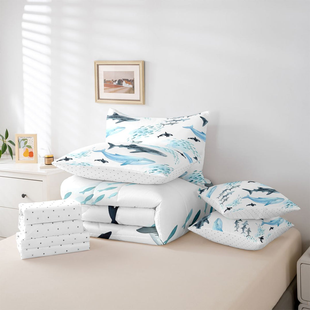 meiyoeat Sea Creature Whale 7 Pieces Full Size Bedding Sets For Kids,Cartoon Ocean Animals Full Size Bed in a Bag For Boys,Reversible
