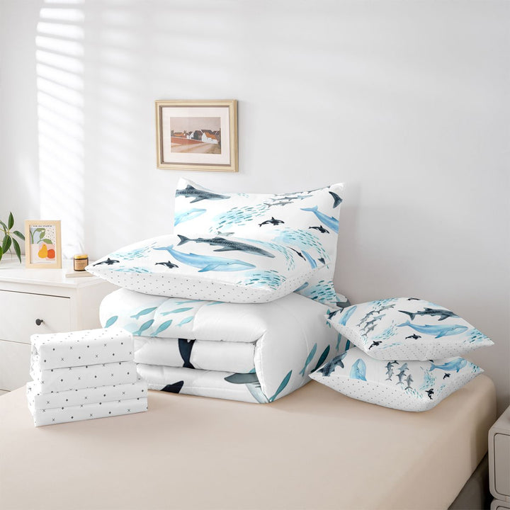 meiyoeat Sea Creature Whale 7 Pieces Full Size Bedding Sets For Kids,Cartoon Ocean Animals Full Size Bed in a Bag For Boys,Reversible