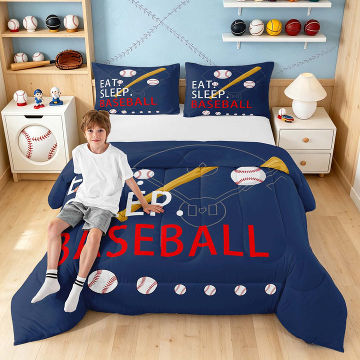 meiyoeat Eat Sleep Baseball Full Size Comforter Setsfor Boys Teens, Sport Baseball Bedding Sets, Navy Reversible 3-Piece, 1 Comforter and 2 Pillowcases
