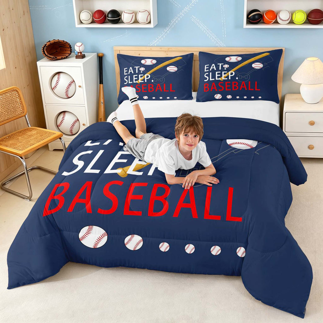meiyoeat Eat Sleep Baseball Full Size Comforter Setsfor Boys Teens, Sport Baseball Bedding Sets, Navy Reversible 3-Piece, 1 Comforter and 2 Pillowcases