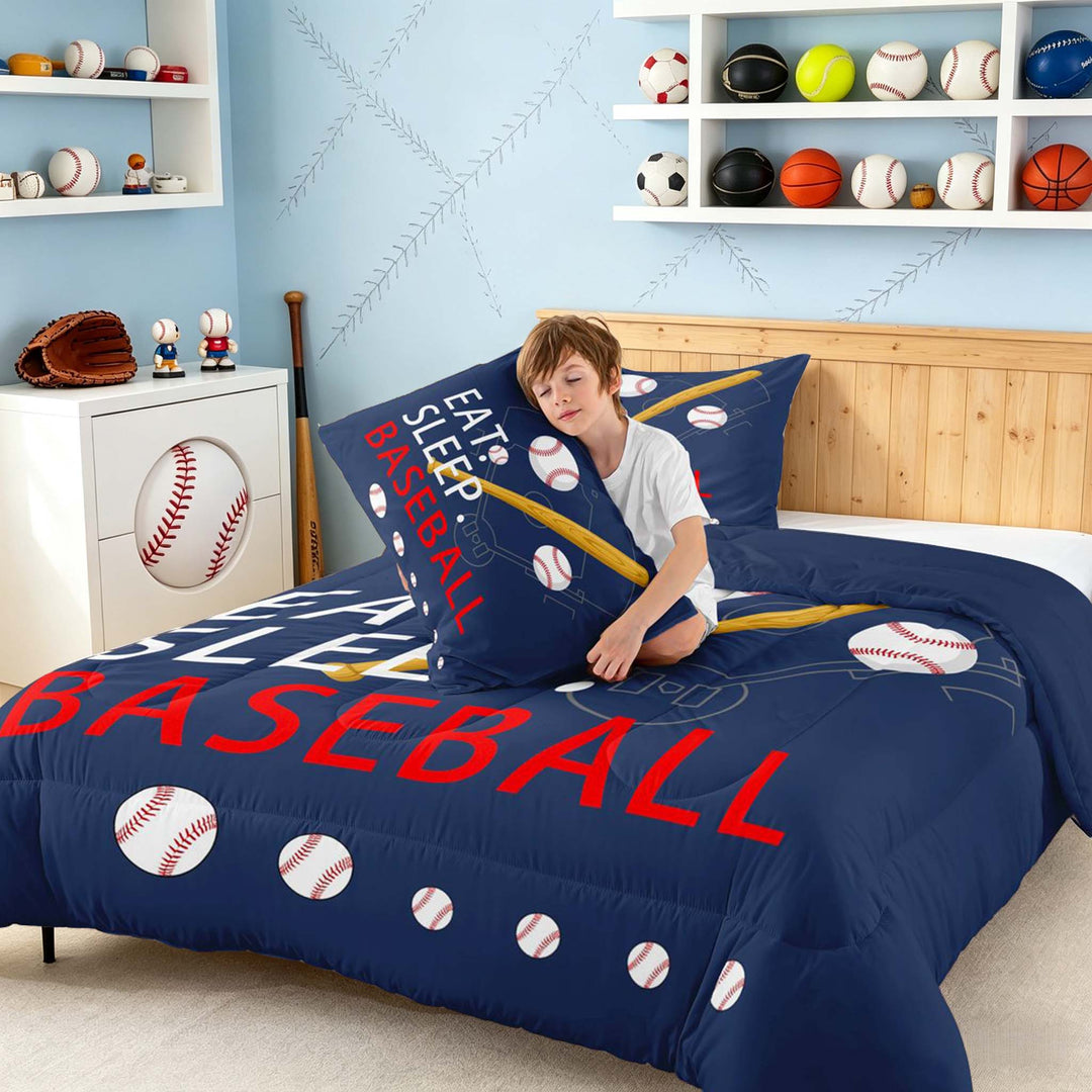 meiyoeat Eat Sleep Baseball Full Size Comforter Setsfor Boys Teens, Sport Baseball Bedding Sets, Navy Reversible 3-Piece, 1 Comforter and 2 Pillowcases