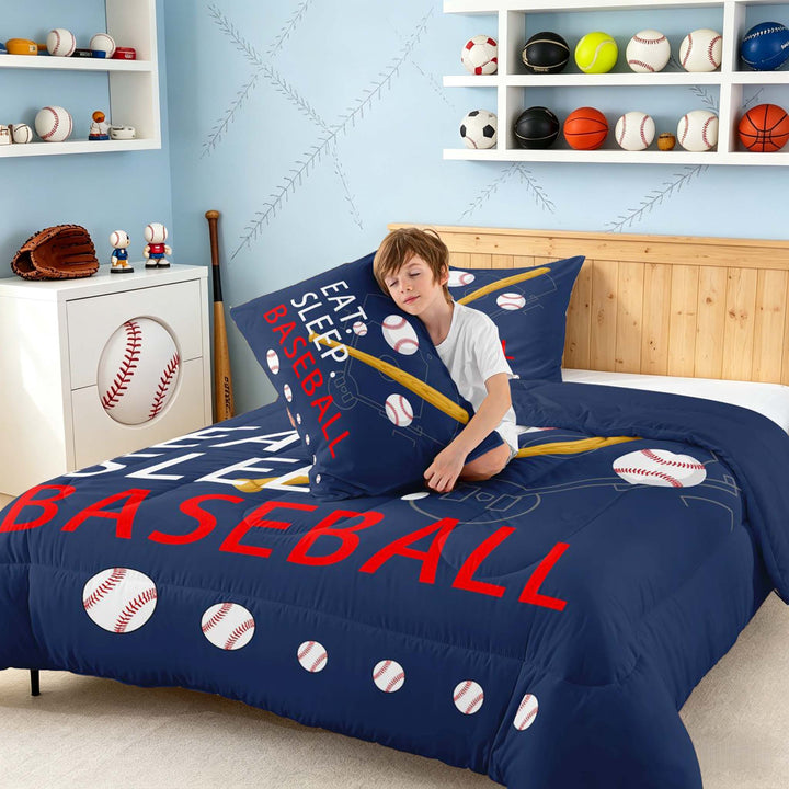meiyoeat Eat Sleep Baseball Full Size Comforter Setsfor Boys Teens, Sport Baseball Bedding Sets, Navy Reversible 3-Piece, 1 Comforter and 2 Pillowcases