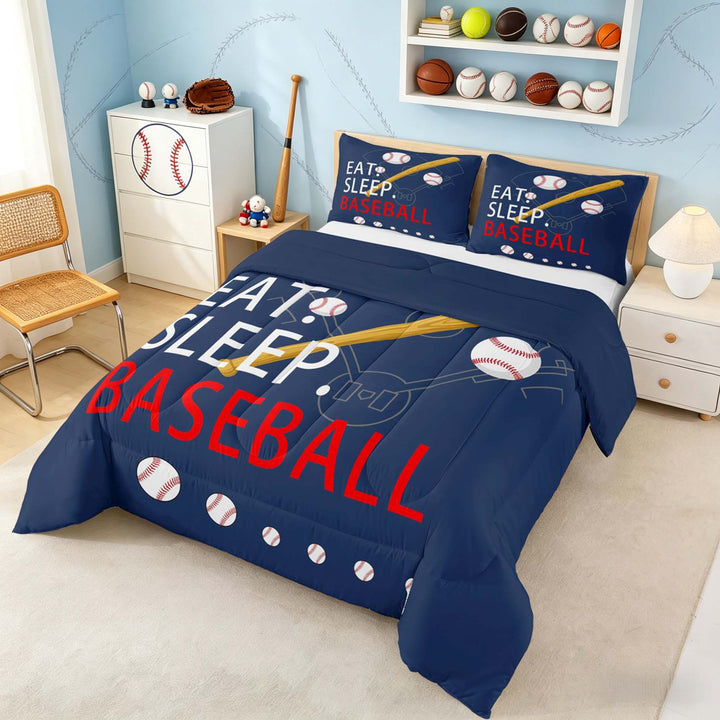 meiyoeat Eat Sleep Baseball Full Size Comforter Setsfor Boys Teens, Sport Baseball Bedding Sets, Navy Reversible 3-Piece, 1 Comforter and 2 Pillowcases