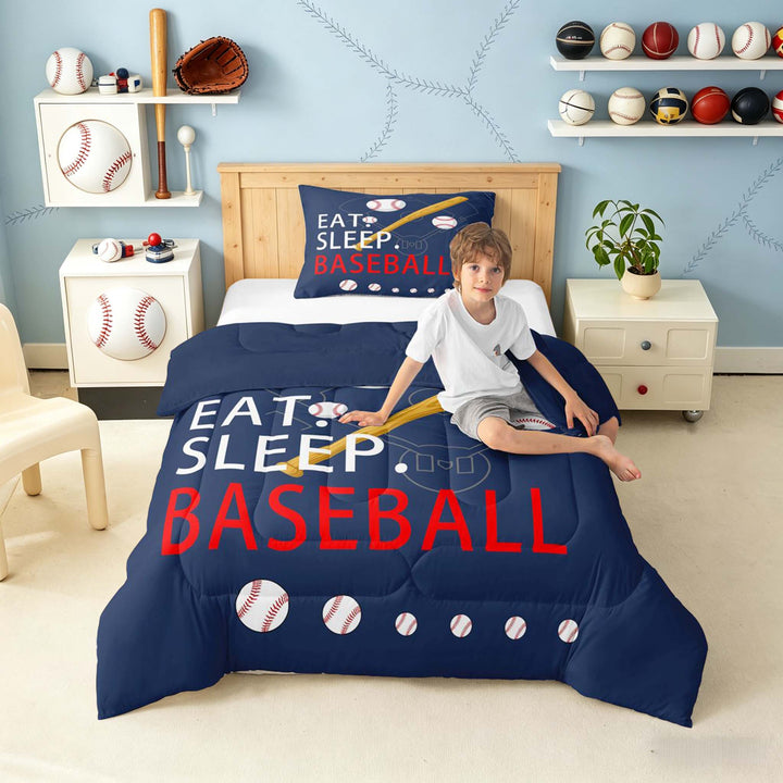 meiyoeat Eat Sleep Baseball Full Size Comforter Setsfor Boys Teens, Sport Baseball Bedding Sets, Navy Reversible 3-Piece, 1 Comforter and 2 Pillowcases